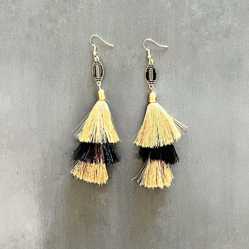 Enamel Football Black & Gold Thread Tassel Game Day 4.5" Lightweight Earrings